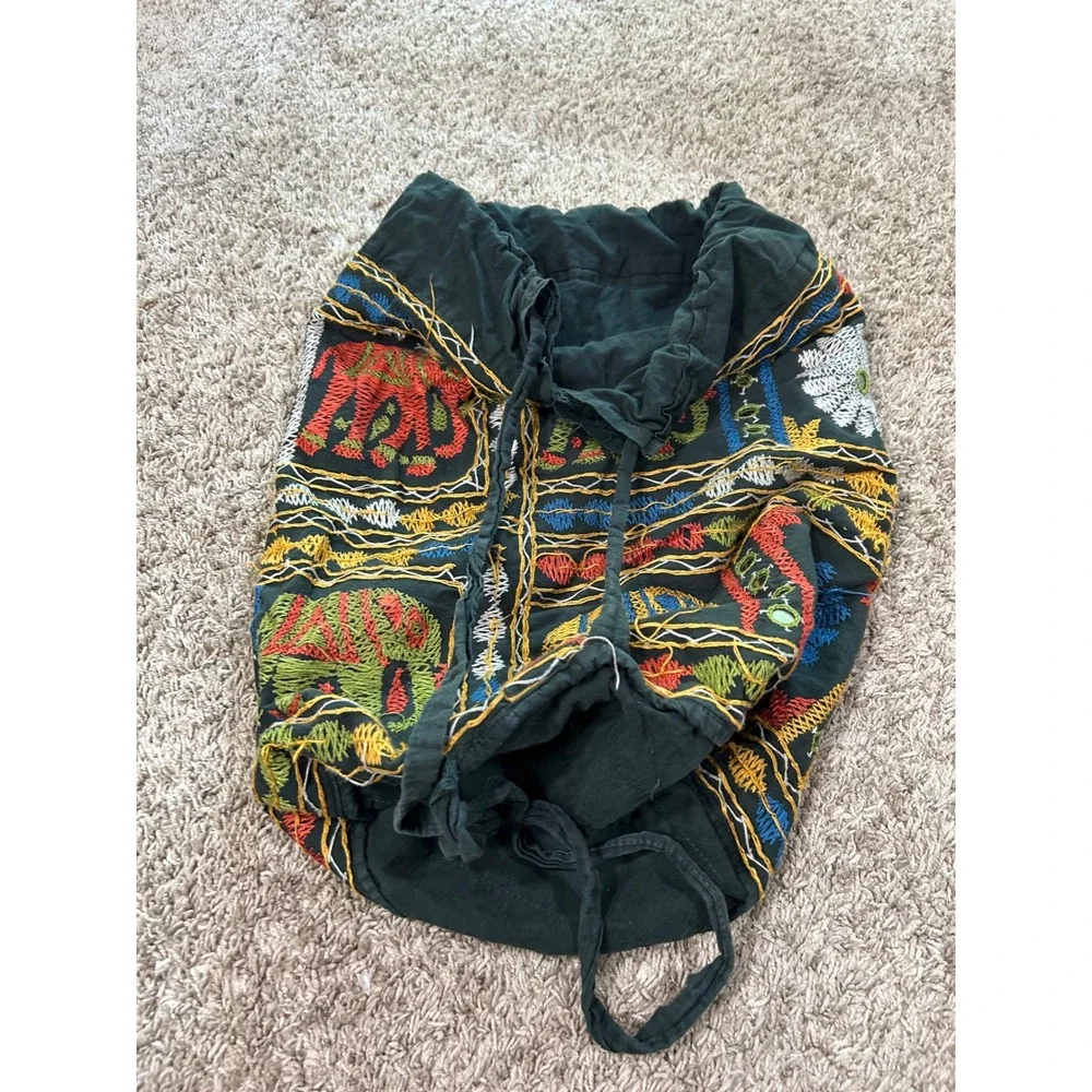 Boho Embroidered Elephant Drawstring Backpack Cotton Festival Hippie Tribal